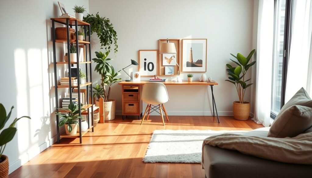 A cozy living room featuring creative corner utilization ideas. The foreground showcases a stylish corner shelving unit filled with potted plants, books, and decorative items. In the middle, a compact writing desk with a comfortable chair is positioned against a wall, adorned with inspiring artwork. A soft rug lies on the hardwood floor, enhancing the warmth of the space. The background reveals a large window that allows bright, natural light and soft sunlight to fill the room, creating an airy and inviting atmosphere. The color palette is soothing, with neutral tones and pops of greenery. The scene exudes a sense of functionality and style, perfect for enhancing small spaces. The image captures a professional, modern aesthetic without any human subjects. A cozy living room featuring creative corner utilization ideas. The foreground showcases a stylish corner shelving unit filled with potted plants, books, and decorative items. In the middle, a compact writing desk with a comfortable chair is positioned against a wall, adorned with inspiring artwork. A soft rug lies on the hardwood floor, enhancing the warmth of the space. The background reveals a large window that allows bright, natural light and soft sunlight to fill the room, creating an airy and inviting atmosphere. The color palette is soothing, with neutral tones and pops of greenery. The scene exudes a sense of functionality and style, perfect for enhancing small spaces. The image captures a professional, modern aesthetic without any human subjects.