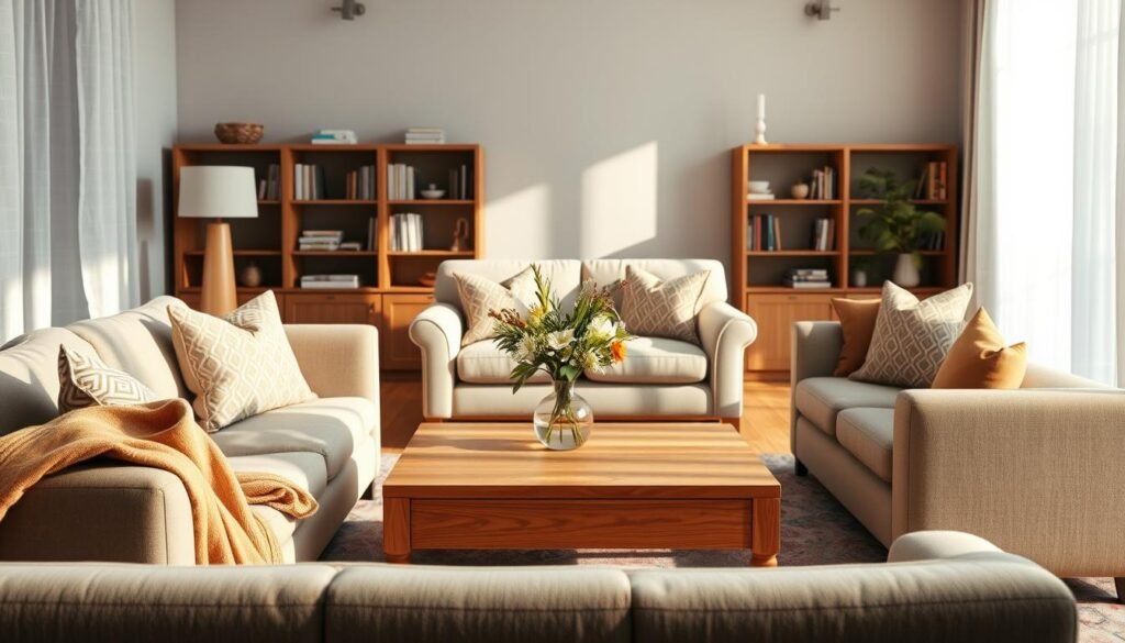 A cozy living room featuring intimate furniture groupings that promote conversation and comfort. Foreground shows a plush, overstuffed sofa with decorative pillows and a warm throw draped over one arm. A low coffee table made of natural wood sits in the center, adorned with a stylish vase filled with fresh flowers. Middle view includes two comfortable armchairs positioned slightly angled towards the sofa, creating an inviting atmosphere. Soft, diffused natural light filters through sheer curtains, casting gentle shadows. Background displays a bookshelf filled with books and decor items, enhancing the homey feel. The overall atmosphere is warm and welcoming, conveying a sense of relaxation and flow in the arrangement. The composition captures the essence of thoughtful design, emphasizing comfort and accessibility. A cozy living room featuring intimate furniture groupings that promote conversation and comfort. Foreground shows a plush, overstuffed sofa with decorative pillows and a warm throw draped over one arm. A low coffee table made of natural wood sits in the center, adorned with a stylish vase filled with fresh flowers. Middle view includes two comfortable armchairs positioned slightly angled towards the sofa, creating an inviting atmosphere. Soft, diffused natural light filters through sheer curtains, casting gentle shadows. Background displays a bookshelf filled with books and decor items, enhancing the homey feel. The overall atmosphere is warm and welcoming, conveying a sense of relaxation and flow in the arrangement. The composition captures the essence of thoughtful design, emphasizing comfort and accessibility.