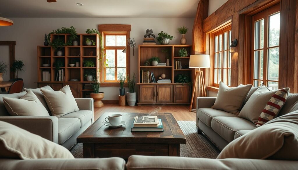 A cozy living room featuring rich wood elements, inviting furniture, and warm textures. In the foreground, a plush beige sofa adorned with soft throw pillows faces a rustic wooden coffee table, topped with a steaming cup of tea and a few books. The middle ground showcases a beautiful wooden bookshelf filled with green plants and decorative items, alongside a floor lamp casting a soft glow. The background reveals large windows, allowing bright natural light and soft sunlight to fill the room, highlighting light oak wood accents throughout. The atmosphere is warm and inviting, evoking comfort and a sense of timeless elegance, ideal for creating a peaceful retreat. The camera angle is slightly elevated, capturing the entire space in a well-lit and airy setup.