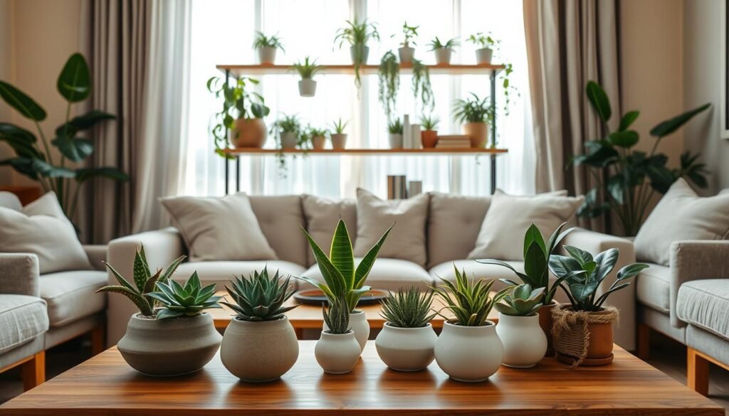 A cozy living room featuring simple yet stylish plant arrangements. In the foreground, a neatly arranged coffee table displaying a variety of low-maintenance plants in elegant ceramic pots, such as succulents and snake plants. In the middle, a rustic wooden shelf adorned with hanging plants and a few decorative books, showcasing how greenery can enhance decor without clutter. In the background, soft sunlight filters through sheer curtains, casting a gentle glow throughout the space, creating an inviting atmosphere. The room features neutral-toned walls and comfortable furniture to complement the natural elements. The overall mood is relaxed and harmonious, emphasizing the effortless beauty of plant styling. Use a warm color palette with a focus on realism and clarity.