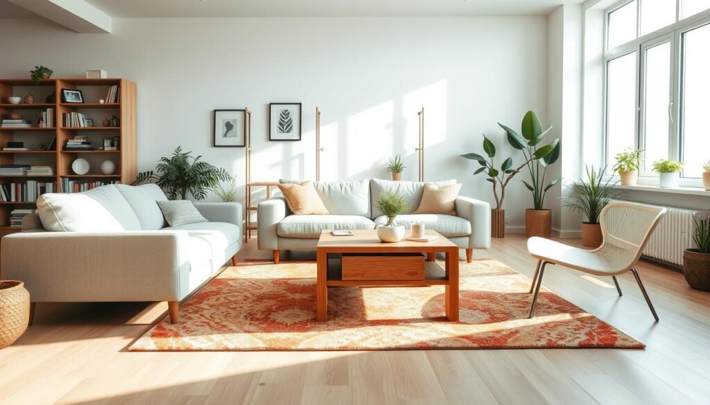 A cozy living room featuring thoughtfully placed furniture for optimal all-day comfort. In the foreground, a plush sectional sofa with soft, neutral-colored upholstery is arranged to face a sleek coffee table made of natural wood. A lightweight, modern armchair complements the sofa, positioned to receive soft sunlight streaming through large, airy windows. In the middle ground, a vibrant area rug adds warmth and texture, while potted plants bring a touch of nature indoors. The background showcases a stylish bookshelf filled with curated decor and books, framed by soft natural light that brightens the space. The atmosphere is inviting and serene, captured in bright, natural light using a wide-angle lens to emphasize the open layout, exuding comfort and tranquility.