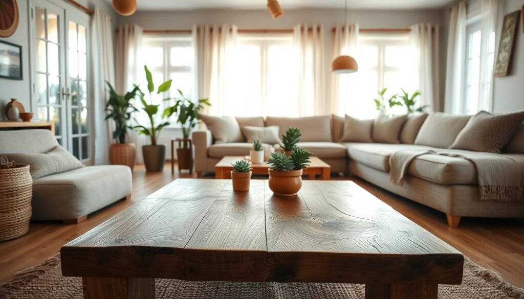 A cozy living room featuring timeless wood elements that age beautifully over time. In the foreground, a handcrafted coffee table made from reclaimed wood, showcasing rich grain patterns and artisanal joinery. The middle of the scene includes a plush sectional sofa adorned with neutral-colored cushions, complemented by a warm, textured area rug. Tastefully arranged, potted plants add a touch of greenery. The background reveals large windows that allow bright, natural light to pour in, illuminating the space. Soft sunlight filters through sheer curtains, creating an airy atmosphere. The walls are adorned with wooden or natural fiber accents, contributing to a harmonious and inviting environment. Capture this scene with a wide angle lens to emphasize depth and tranquility.