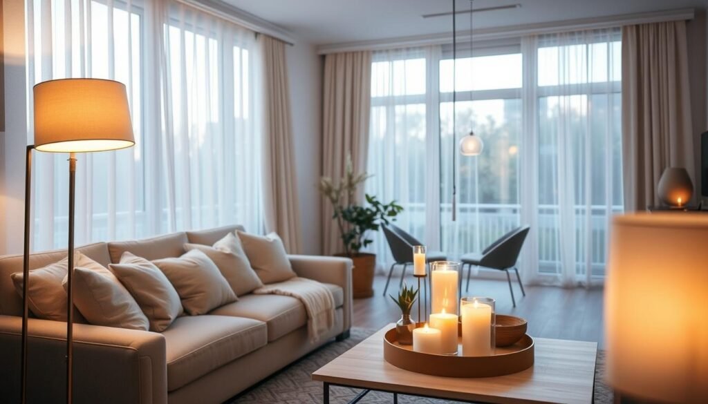 A cozy living room featuring various lighting solutions that create a peaceful atmosphere. In the foreground, a stylish floor lamp with a warm, soft glow stands next to a comfortable sofa, adorned with plush cushions. The middle ground showcases a beautifully arranged coffee table with candles and decorative lighting fixtures that enhance the serenity of the space. The background displays large windows allowing bright natural light to pour in, complemented by softly flowing sheer curtains. The overall ambiance should feel inviting and tranquil, with an emphasis on warmth and comfort. Capture the scene with soft lighting and a slightly elevated angle, ensuring the details of the decor are highlighted and the mood is calming. No text or watermarks.