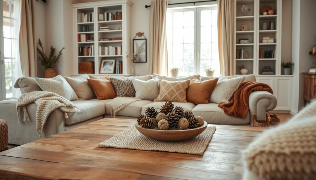 A cozy living room filled with inviting textures and fabrics, featuring a plush, oversized beige sofa layered with soft, knitted throws and decorative pillows in warm earth tones. The foreground showcases a rustic wooden coffee table adorned with a textured, woven table runner and a bowl of natural elements like pine cones and dried flowers. In the middle, a patterned area rug adds warmth underfoot, while delicate curtains filter bright, soft natural light streaming through large windows. The background reveals built-in bookshelves filled with well-loved books and decorative accents, creating a peaceful ambiance. The scene is captured from a slightly elevated angle, emphasizing the inviting layout and the serene, airy atmosphere, inviting viewers to imagine relaxation and comfort.