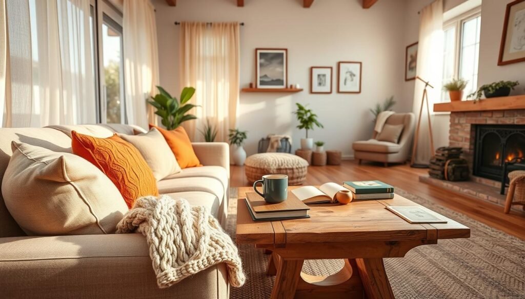 A cozy living room interior designed for warmth and simplicity, featuring a spacious layout with a plush beige sofa adorned with colorful throw pillows. In the foreground, a knitted blanket draped over the arm of the sofa invites comfort. The middle ground showcases a rustic wooden coffee table holding a steaming mug and a stack of books. Warm light filters through large windows adorned with sheer curtains, creating a soft and airy atmosphere. A few potted plants add a touch of greenery, while delicate wall art enhances the inviting vibe. The background includes a fireplace with a subtle glow, contributing to the serene ambiance. The scene is captured with a slightly wide-angle lens to emphasize the airy feeling, bathed in bright natural light.