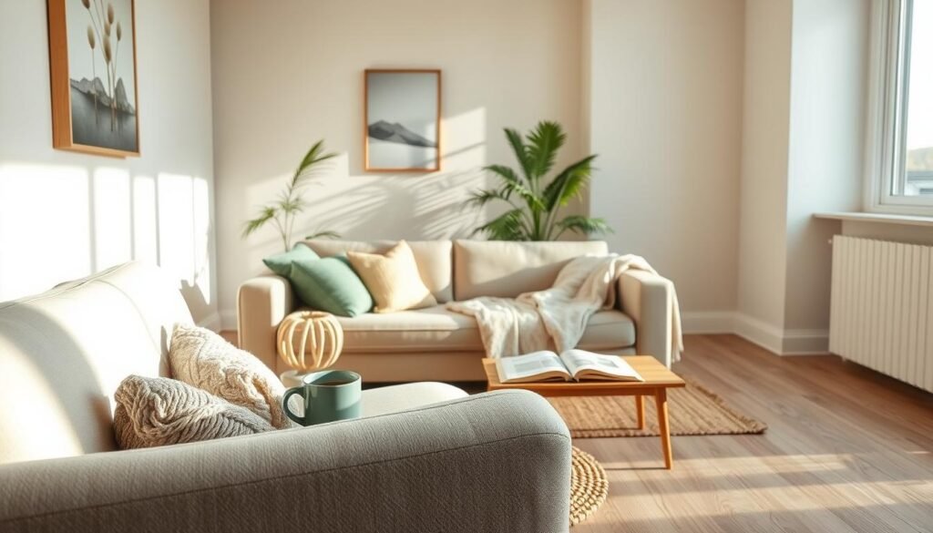 A cozy living room interior featuring a timeless color palette of soft beige, muted greens, and gentle blues. In the foreground, a plush, inviting sofa sits adorned with textured throw pillows and a knitted blanket, complemented by a wooden coffee table with a steaming mug and an open book. The middle of the scene displays a woven area rug, harmonizing with light oak flooring. In the background, a large window lets in bright natural light, casting soft shadows and creating an airy atmosphere. A potted plant adds a touch of greenery, while delicate artwork in muted tones hangs on the walls. The overall mood is serene and tranquil, emphasizing comfort and elegance in home décor, with soft sunlight illuminating the space gracefully.
