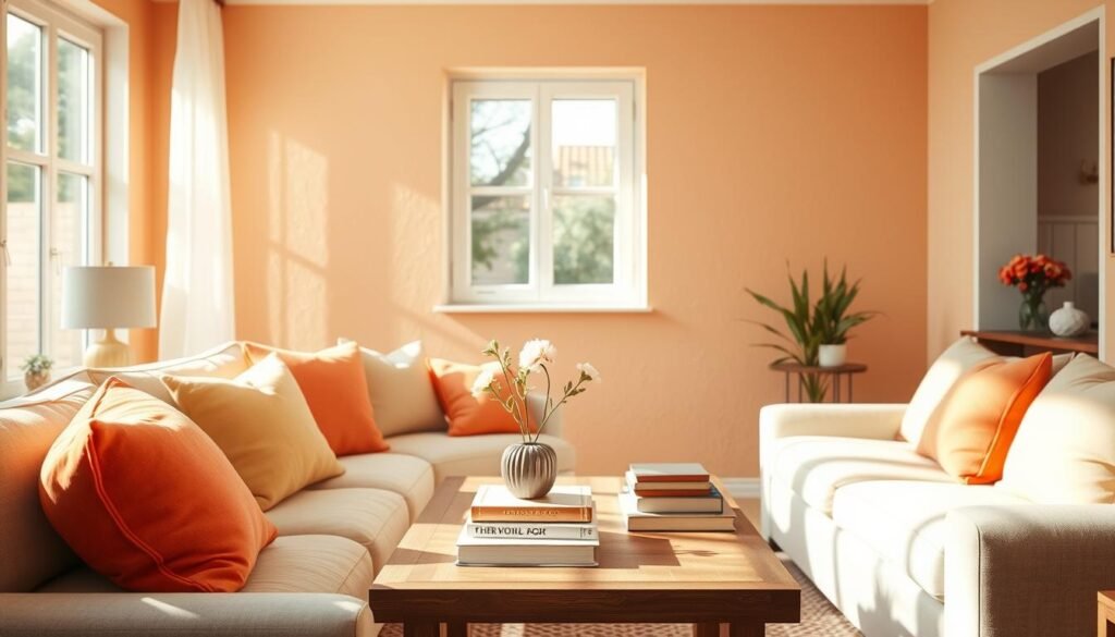 A cozy living room interior featuring a warm color palette, predominantly soft oranges, gentle corals, and muted yellows. In the foreground, a plush, light-colored sofa adorned with colorful throw pillows adds comfort. The middle layer displays a wooden coffee table arranged with decorative books and a small vase of fresh flowers, casting delicate shadows. A bright, airy window in the background allows warm, soft sunlight to fill the room, highlighting textured walls painted in a subtle peach shade. The atmosphere is inviting and relaxed, ideal for a light, uplifting mood. Capture the image with a soft focus lens to emphasize warmth and tranquility, showcasing realistic home décor elements without any text or distractions.