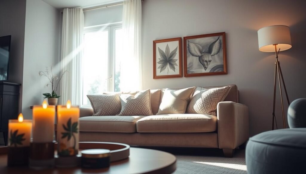 A cozy living room interior showcasing the impact of lighting on comfort. In the foreground, a stylish coffee table with a few decorative candles casting soft, warm glows. The middle features a plush, inviting sofa adorned with textured cushions, positioned near a large window that lets in bright, natural light. Rays of soft sunlight create gentle highlights across the room. In the background, elegant wall art hangs, and a tall floor lamp offers additional ambient light. The atmosphere is airy and bright, yet hints of shadows illustrate the discomfort that poor lighting can create. Capture this scene from a slightly elevated angle to emphasize the interplay of natural and artificial light, enhancing the overall mood of the room. A cozy living room interior showcasing the impact of lighting on comfort. In the foreground, a stylish coffee table with a few decorative candles casting soft, warm glows. The middle features a plush, inviting sofa adorned with textured cushions, positioned near a large window that lets in bright, natural light. Rays of soft sunlight create gentle highlights across the room. In the background, elegant wall art hangs, and a tall floor lamp offers additional ambient light. The atmosphere is airy and bright, yet hints of shadows illustrate the discomfort that poor lighting can create. Capture this scene from a slightly elevated angle to emphasize the interplay of natural and artificial light, enhancing the overall mood of the room.