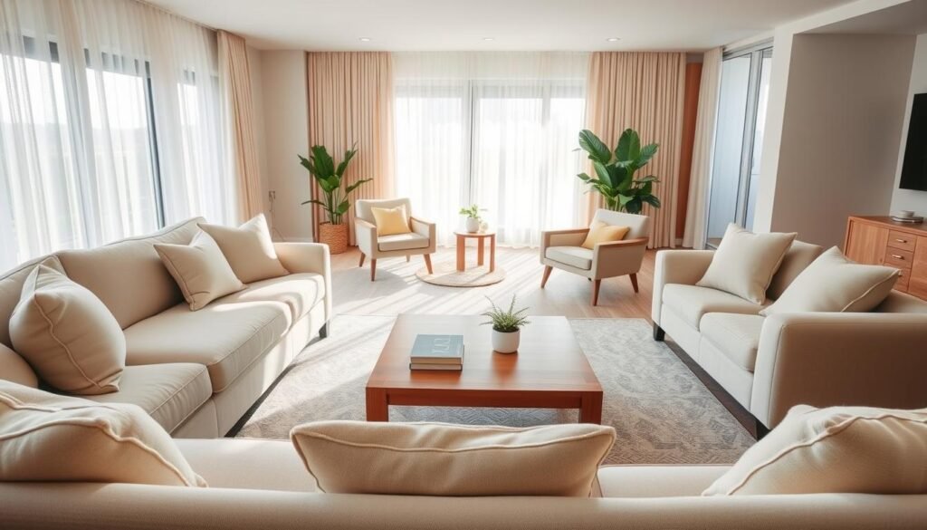 A cozy living room layout featuring a thoughtful furniture arrangement that encourages easy conversation. In the foreground, a plush, light-colored sectional sofa with soft throw pillows creates an inviting atmosphere. A wooden coffee table sits at the center, adorned with a few books and a small potted plant. In the middle ground, a pair of modern armchairs face the sofa, enhancing the conversational layout. The background reveals large windows draped with sheer curtains, allowing bright natural light to fill the room, adding an airy feel. The walls are painted in soft pastels, complemented by warm wooden accents. The scene conveys a relaxed and welcoming mood, perfect for gatherings, with soft sunlight streaming in, creating a serene ambiance.