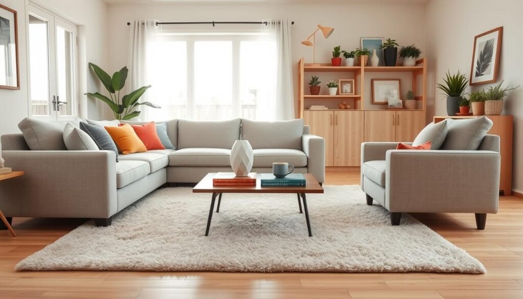 A cozy living room layout with a focus on the correct rug size, featuring a soft, plush area rug that complements the furniture arrangement. In the foreground, a comfortable sectional sofa in light gray fabric with colorful accent pillows invites relaxation. A stylish coffee table with a few decorative books and a steaming mug sits at the center. In the middle ground, a matching armchair coordinates with the sofa, creating balance. The background includes a bright, airy window allowing soft sunlight to fill the space, enhancing the inviting atmosphere. Wooden shelves with houseplants and framed art pieces add personal touches. The overall mood is warm and welcoming, emphasizing proper scale and proportion in a homey setting. Capture this scene with a wide-angle lens to encompass the entire room, highlighting the comfortable flow of the layout. A cozy living room layout with a focus on the correct rug size, featuring a soft, plush area rug that complements the furniture arrangement. In the foreground, a comfortable sectional sofa in light gray fabric with colorful accent pillows invites relaxation. A stylish coffee table with a few decorative books and a steaming mug sits at the center. In the middle ground, a matching armchair coordinates with the sofa, creating balance. The background includes a bright, airy window allowing soft sunlight to fill the space, enhancing the inviting atmosphere. Wooden shelves with houseplants and framed art pieces add personal touches. The overall mood is warm and welcoming, emphasizing proper scale and proportion in a homey setting. Capture this scene with a wide-angle lens to encompass the entire room, highlighting the comfortable flow of the layout.