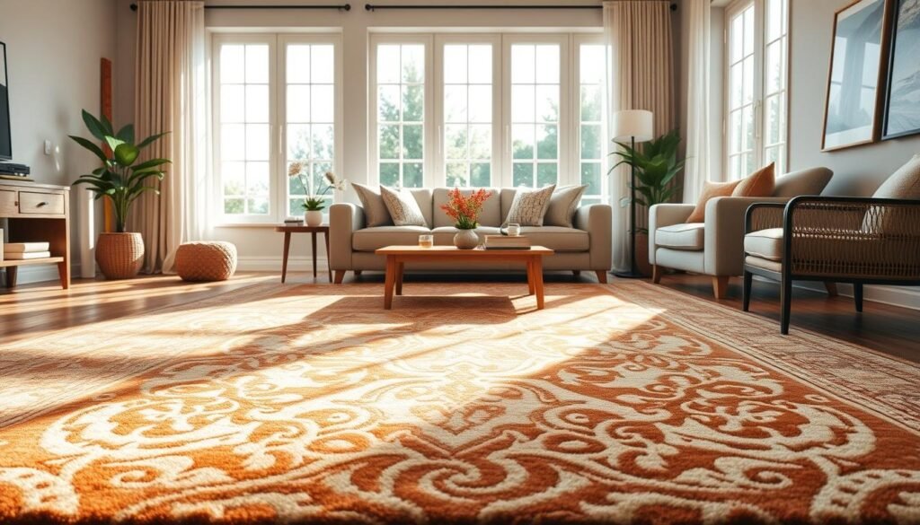 A cozy living room scene featuring a beautifully designed area rug that serves as the focal point of the layout. In the foreground, the area rug boasts intricate patterns in warm earth tones, harmonizing with the surrounding furniture. The middle section highlights a stylish, well-arranged seating area, including a plush sofa adorned with soft cushions and a wooden coffee table. In the background, large windows allow bright, natural light to flood the room, creating an airy and inviting atmosphere. The sunlight casts gentle shadows, enhancing the textures of the rug and furnishings. The overall mood is warm and welcoming, ideal for showcasing the concept of grounding a living room with a perfect area rug. A cozy living room scene featuring a beautifully designed area rug that serves as the focal point of the layout. In the foreground, the area rug boasts intricate patterns in warm earth tones, harmonizing with the surrounding furniture. The middle section highlights a stylish, well-arranged seating area, including a plush sofa adorned with soft cushions and a wooden coffee table. In the background, large windows allow bright, natural light to flood the room, creating an airy and inviting atmosphere. The sunlight casts gentle shadows, enhancing the textures of the rug and furnishings. The overall mood is warm and welcoming, ideal for showcasing the concept of grounding a living room with a perfect area rug.