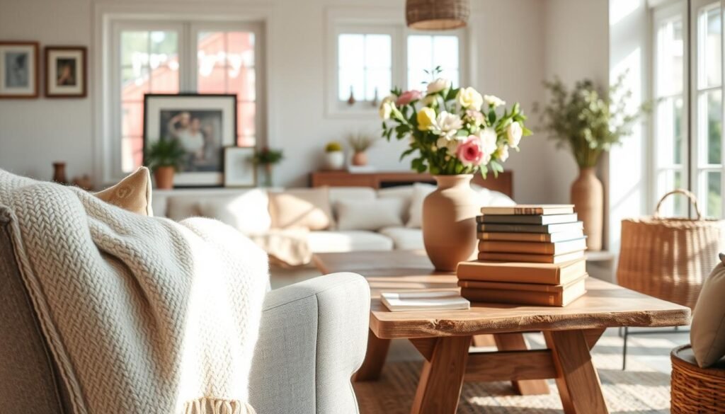 A cozy living room scene featuring a selection of practical accessories and textiles. In the foreground, a soft, textured throw blanket draped over a stylish armchair, complemented by a plush, patterned cushion. In the middle, a rustic wooden coffee table adorned with a ceramic vase filled with fresh flowers and a collection of well-loved books. The background showcases a bright, airy space with large windows allowing soft sunlight to stream in, enhancing the warm ambiance. Light-colored walls and subtle decorative elements like framed artwork and a woven basket add charm without clutter. The overall mood is inviting and serene, evoking a sense of comfort and timeless style, captured with natural light that accentuates the textures and colors.