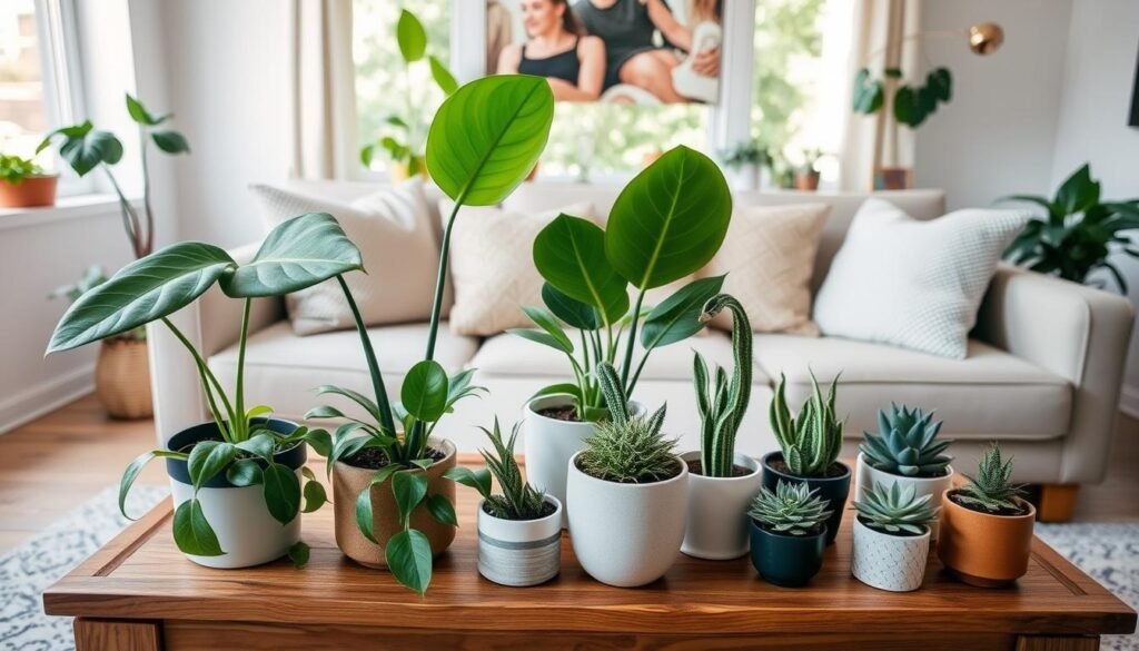 A cozy living room scene featuring an array of houseplants artfully arranged for quick styling tips. In the foreground, a stylish wooden table showcases a variety of potted plants, including a fiddle leaf fig, snake plants, and small succulents, all in decorative pots. In the middle ground, a comfortable sofa adorned with textured throw pillows complements the greenery. The background includes a large window that lets in bright, soft sunlight, enhancing the airiness of the space. The overall mood is refreshing and inviting, ideal for a low-effort plant makeover. Use a wide-angle lens perspective to capture the entire setting, focusing on the vibrant colors and natural light play to convey warmth and ease in plant styling.