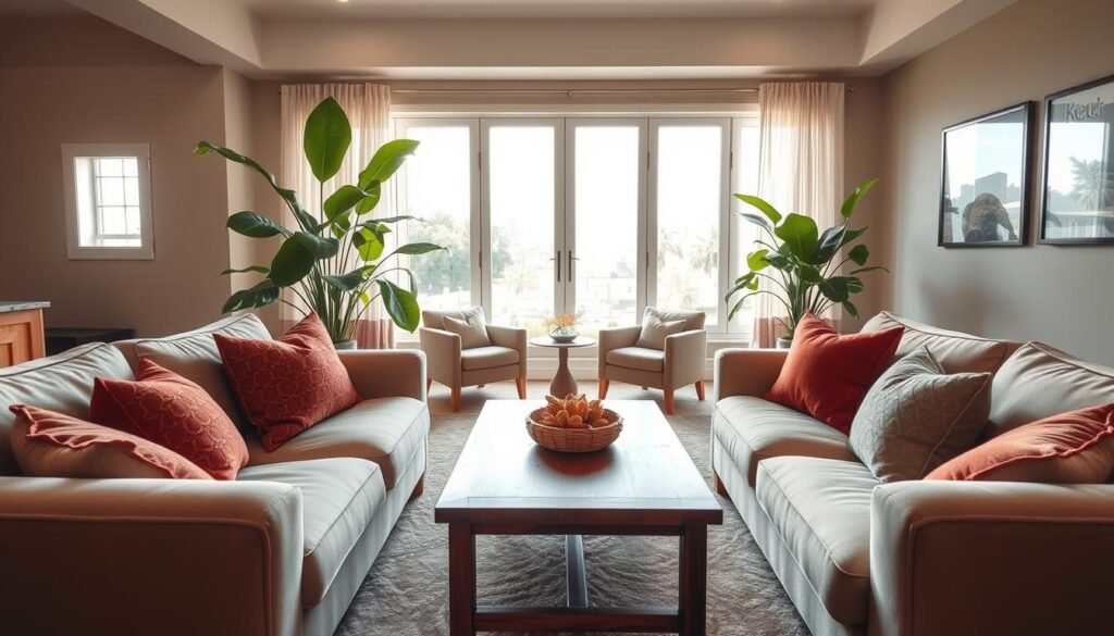A cozy living room scene featuring comfortable seating arrangements. In the foreground, plush beige sofas with colorful throw pillows invite relaxation, accompanied by a stylish wooden coffee table adorned with a warm, textured centerpiece. In the middle ground, a pair of accent chairs with soft fabric sit beside a large, leafy indoor plant, creating a harmonious balance. The background showcases a large window allowing soft, natural sunlight to flood the space, highlighting the spacious, airy feel. The walls are painted in muted tones, enhancing the inviting atmosphere. Use a wide-angle lens to capture the entire setting, emphasizing the warmth and comfort of this relaxed living room environment, perfect for unwinding or entertaining guests. The mood is peaceful and welcoming, inviting viewers to imagine themselves in this serene space.