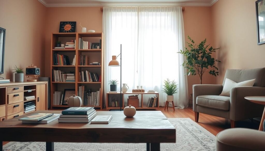 A cozy living room scene featuring various DIY furniture projects, such as a rustic wooden coffee table, a sleek modern bookshelf, and a comfortable upholstered armchair. The foreground includes the coffee table adorned with books and a potted plant, while the middle space showcases the bookshelf filled with neatly organized books and decorative items. The background reveals a sunlit window with sheer curtains, allowing soft natural light to fill the room, enhancing the airy atmosphere. The walls are painted in warm, neutral tones, complementing the furniture. The overall mood is peaceful and inviting, perfect for a relaxed weekend. Capture this scene with a wide-angle lens to encompass the entire space, emphasizing the harmony and creativity of DIY projects.
