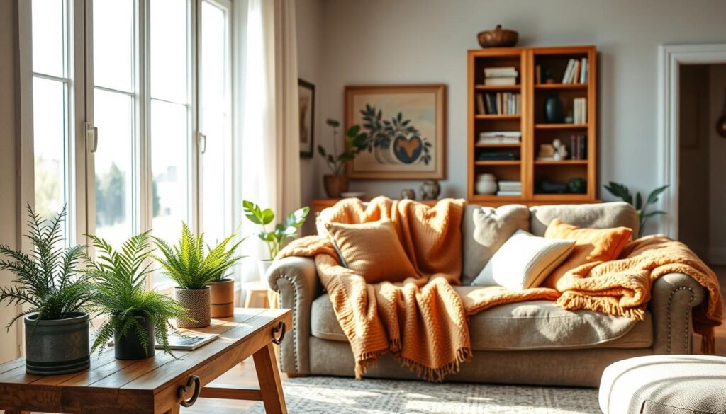 A cozy living room scene illustrating cold areas in a home, featuring a large window letting in bright, soft sunlight that highlights subtle drafts and chilly corners. In the foreground, a decorative wooden console table adorned with potted green plants, like ferns and succulents, brings warmth to the space. The middle of the room showcases a plush couch layered with thick, textured blankets and cushions in warm earth tones, emphasizing contrast with the cooler tones of the walls. In the background, a hint of a wooden bookshelf filled with books and decorative items, creating an inviting atmosphere. The overall mood is bright and airy, showcasing how wood and plants can soften and enhance colder spaces, captured with natural lighting that brings out the colors.