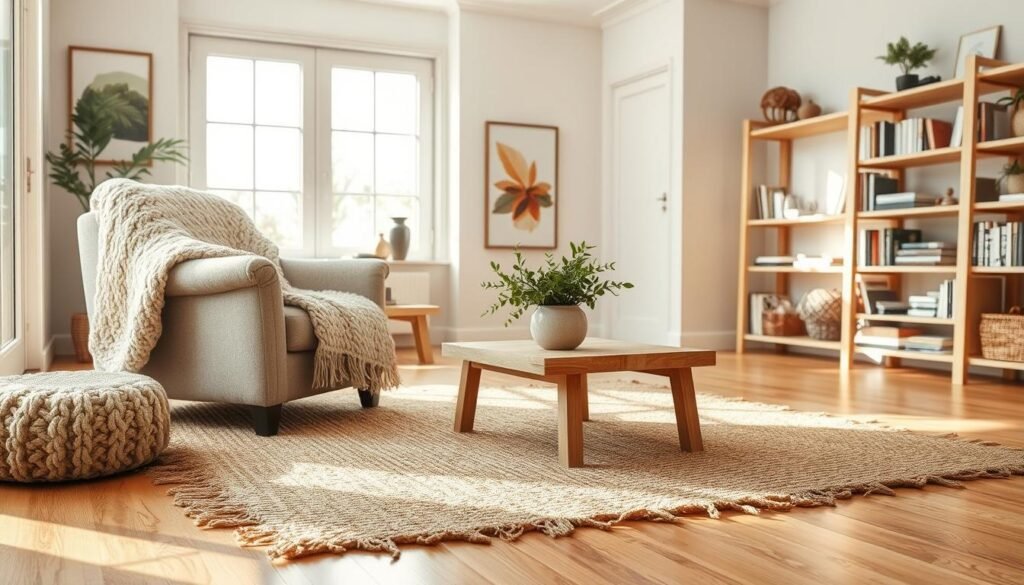 A cozy living room scene showcasing a blend of textures and materials that evoke comfort. In the foreground, a plush, oversized armchair draped with a soft, knitted throw, complemented by a chunky knit pouf. In the middle, a textured area rug featuring warm earth tones lies on a polished hardwood floor, surrounded by a low coffee table with a natural wood finish, adorned with a ceramic vase filled with fresh greenery. The background reveals a large window allowing bright, soft sunlight to flood the room, highlighting the airy ambiance. The walls are adorned with tasteful artwork and natural wooden shelves filled with cozy books. The overall mood is serene and inviting, perfect for relaxation and simple living.