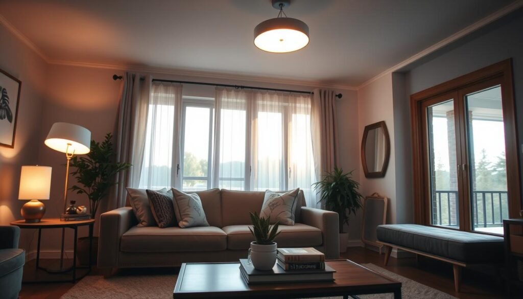A cozy living room scene showcasing layered lighting techniques, emphasizing the contrast between soft natural light and stylish overhead fixtures. In the foreground, a comfortable sofa adorned with decorative pillows sits invitingly, illuminated by a nearby floor lamp emitting a warm glow. The middle ground features a coffee table with books and a potted plant, reflecting natural sunlight streaming in through large windows with sheer curtains. In the background, a modern ceiling light casts a gentle illumination, creating depth and highlighting wooden accents in the room. Use a wide-angle lens to capture the entire layout, immersing the viewer in a bright, airy atmosphere that invites relaxation and comfort. The overall mood should feel harmonious, blending sophistication with coziness in a contemporary home décor style.