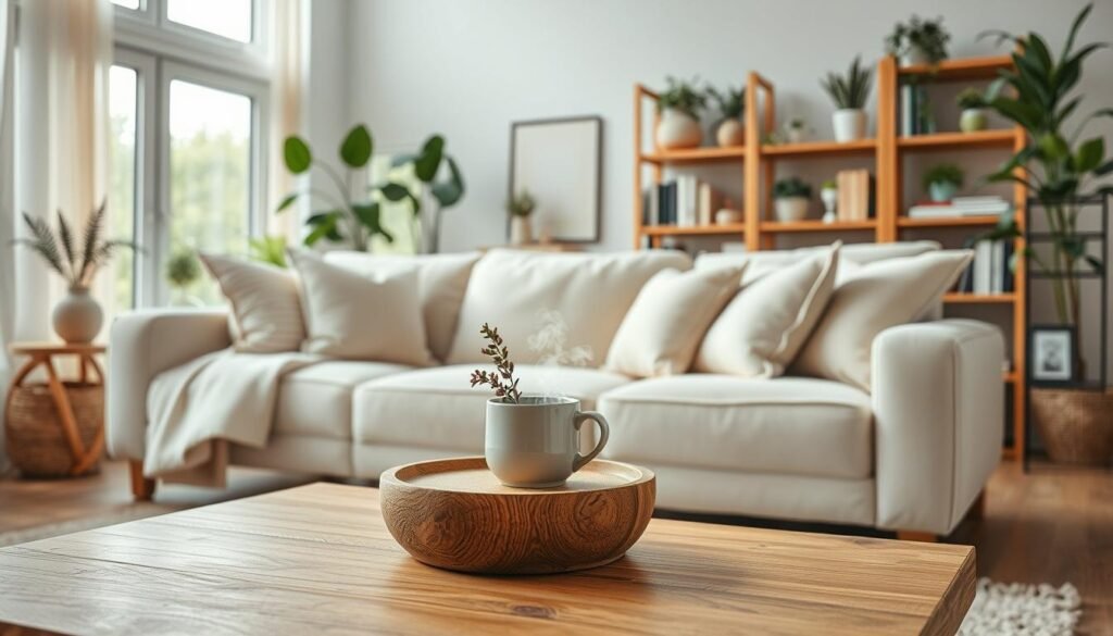 A cozy living room scene showcasing peaceful home decor, featuring a light-colored, plush sofa adorned with soft, textured cushions. In the foreground, a warm wooden coffee table holds a steaming mug of herbal tea and a small vase with fresh flowers. The middle ground includes a soft area rug and an inviting bookshelf filled with neatly arranged books and decorative plants. In the background, large windows invite soft, natural light, illuminating the space with a serene glow, while sheer curtains add an airy feel. The atmosphere should evoke comfort and tranquility, capturing the essence of a home designed for relaxation and well-being, with a focus on warm colors and natural materials. The scene is captured from a slightly elevated angle, enhancing the depth and inviting feeling of the space. A cozy living room scene showcasing peaceful home decor, featuring a light-colored, plush sofa adorned with soft, textured cushions. In the foreground, a warm wooden coffee table holds a steaming mug of herbal tea and a small vase with fresh flowers. The middle ground includes a soft area rug and an inviting bookshelf filled with neatly arranged books and decorative plants. In the background, large windows invite soft, natural light, illuminating the space with a serene glow, while sheer curtains add an airy feel. The atmosphere should evoke comfort and tranquility, capturing the essence of a home designed for relaxation and well-being, with a focus on warm colors and natural materials. The scene is captured from a slightly elevated angle, enhancing the depth and inviting feeling of the space.