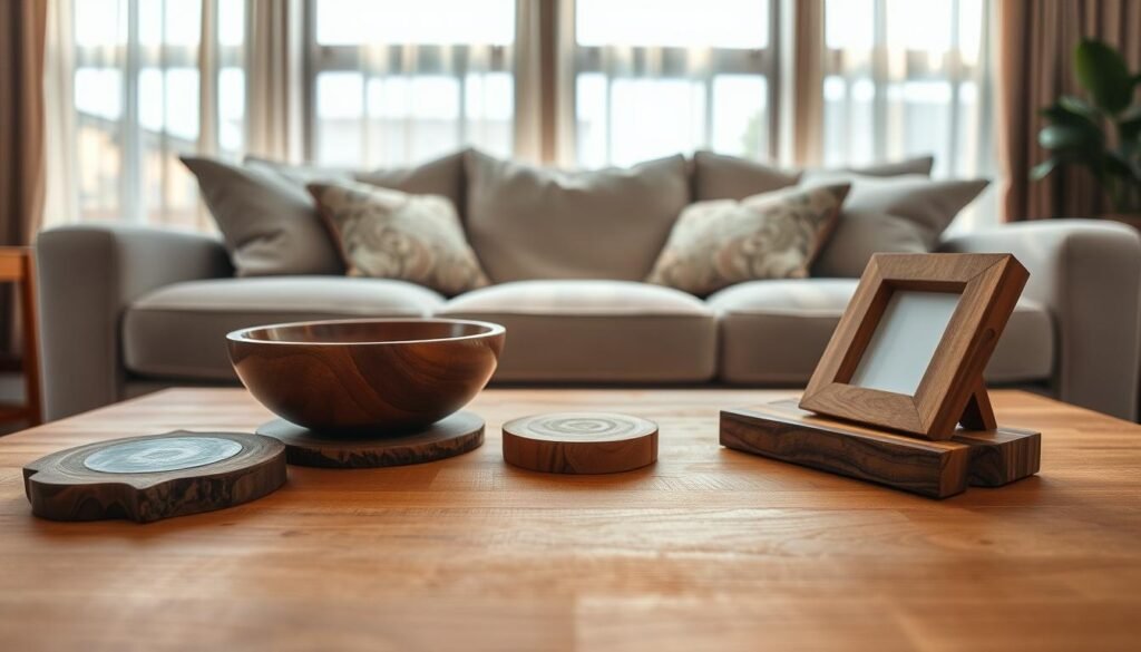 A cozy living room scene showcasing small wooden accents like a handcrafted wooden bowl, delicate wooden coasters, and an intricately designed wooden picture frame. The foreground features a warm, textured wooden coffee table, adorned with these accents, allowing their grain and craftsmanship to shine. In the middle, a plush sofa in neutral tones complements the soft wooden elements, with a few decorative cushions. The background reveals a softly lit window with sheer curtains allowing bright, natural light to fill the room, casting gentle shadows that enhance the warmth of the wood. The overall atmosphere is inviting and serene, perfect for a relaxed living space, with a focus on the beauty and impact of small wooden details.