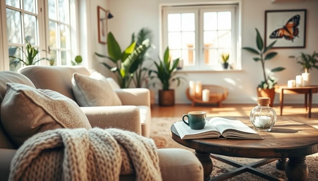 A cozy living room scene showcasing warm accessories to enhance comfort. In the foreground, a soft, textured throw blanket draped over a plush armchair, accompanied by a decorative pillow featuring a subtle geometric pattern. On a rustic wooden side table, a steaming mug placed next to an open book and a small potted succulent. In the middle ground, a warm area rug with elegant detailing, and a stylish coffee table adorned with candles and a scented diffuser. The background features large windows allowing bright, natural light to filter in, illuminating the airy space filled with houseplants and tasteful wall art. The atmosphere exudes a sense of warmth and homeliness, captured in soft sunlight, with a wide-angle perspective that invites the viewer into the scene.