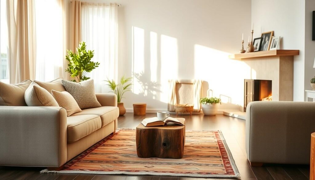 A cozy living room scene that radiates warmth and comfort. In the foreground, a plush, overstuffed beige sofa adorned with soft, textured throw pillows sits invitingly. A small, rustic wooden coffee table holds a steaming mug and a few open books. In the middle ground, a colorful area rug adds warmth to the dark hardwood floor, while a tall indoor plant brings a touch of green. The background features a softly glowing fireplace, framed by a simple mantel decorated with candles and family photos. Bright natural light filters through sheer, airy curtains, creating a serene atmosphere. The overall mood is inviting and relaxed, perfect for unwinding or gathering with friends. Shot with a warm color palette, emphasizing soft sunlight and a homely vibe.