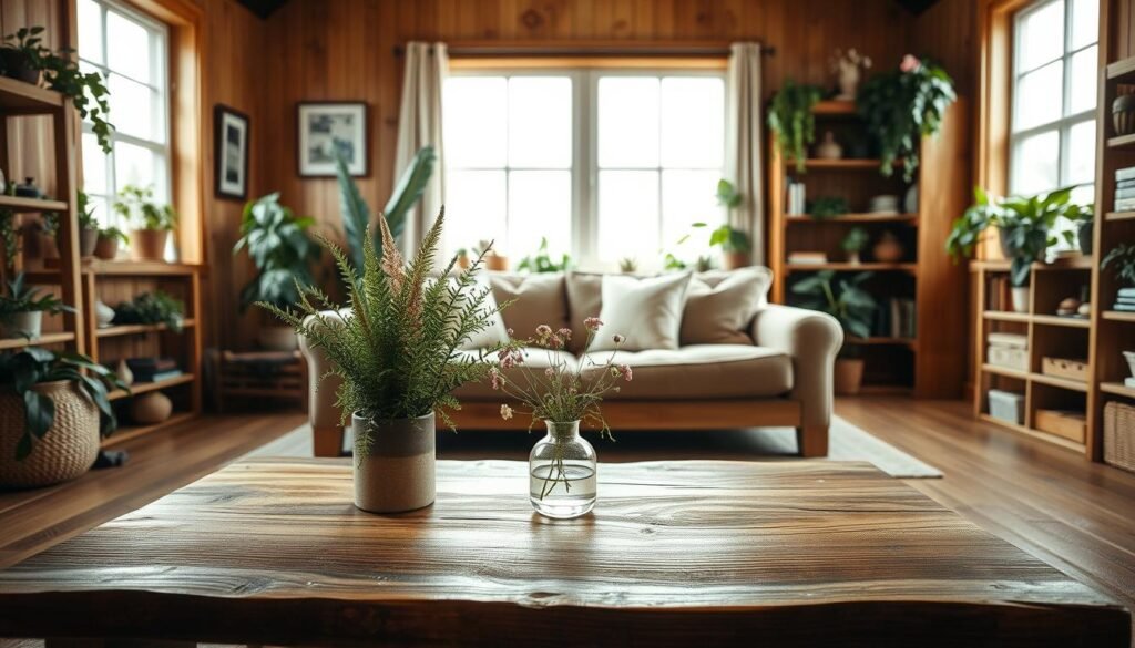 A cozy living room showcases room-by-room natural decor featuring wood and plants. In the foreground, a rustic wooden coffee table adorned with lush potted ferns and a small ceramic vase with wildflowers. The middle ground reveals a comfortable sofa with soft, earth-toned cushions, flanked by wooden bookshelves filled with greenery and natural accents. In the background, large windows allow bright, soft sunlight to filter in, illuminating the space and creating an airy atmosphere. The walls have a warm, natural wood finish, enhancing the timeless feel. Capture this scene in soft focus, using a wide-angle lens to encompass the inviting layout while maintaining a serene and harmonious mood. The overall ambiance is uplifting and tranquil, perfect for a natural, sustainable lifestyle.
