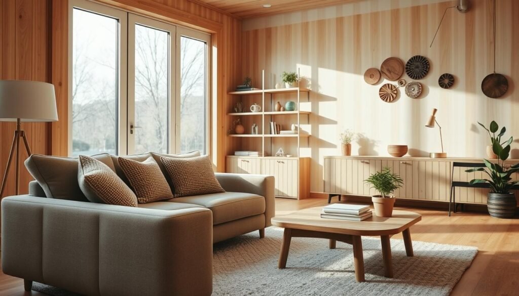 A cozy living room showcasing a wood apartment aesthetic, featuring warm wooden tones and textures that invite relaxation. In the foreground, a plush, neutral-toned sofa sits on a soft area rug, adorned with textured throw pillows. A stylish wooden coffee table holds a few artfully arranged books and a small potted plant. In the middle ground, floor-to-ceiling windows flood the space with bright, natural light, creating a serene atmosphere. Light wood shelves are filled with curated decor items and greenery. The background reveals a subtly decorated wall with artisanal wooden art pieces. Capture the scene with soft sunlight filtering through the windows, emphasizing warmth and comfort, using a wide-angle lens to create a view that feels expansive and inviting. The overall mood is peaceful and lived-in, perfect for unwinding.