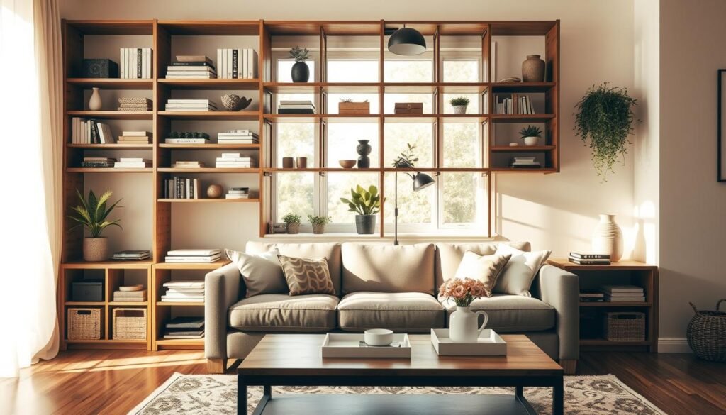 A cozy living room showcasing an organized storage solution. In the foreground, a stylish wooden shelving unit filled with neatly arranged books, decorative boxes, and plants. The middle section features a plush sofa with soft cushions, facing a coffee table adorned with a decorative tray and a small vase of flowers. A large window in the background allows bright, natural sunlight to stream in, creating an airy ambiance. Warm tones dominate the scene, complemented by soft shadows that add depth. The overall atmosphere is calm and inviting, highlighting the effectiveness of thoughtful storage and organization while avoiding clutter. The image captures an ideal balance within the living space, emphasizing harmony and functionality without any distractions. A cozy living room showcasing an organized storage solution. In the foreground, a stylish wooden shelving unit filled with neatly arranged books, decorative boxes, and plants. The middle section features a plush sofa with soft cushions, facing a coffee table adorned with a decorative tray and a small vase of flowers. A large window in the background allows bright, natural sunlight to stream in, creating an airy ambiance. Warm tones dominate the scene, complemented by soft shadows that add depth. The overall atmosphere is calm and inviting, highlighting the effectiveness of thoughtful storage and organization while avoiding clutter. The image captures an ideal balance within the living space, emphasizing harmony and functionality without any distractions.