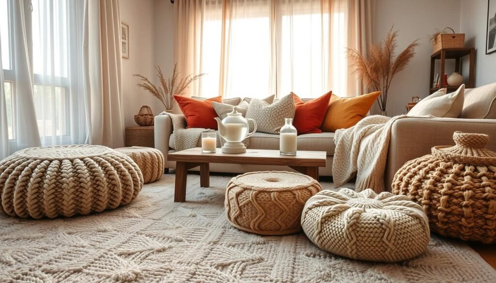 A cozy living room showcasing layered textiles that evoke warmth and comfort. In the foreground, a plush, textured area rug with subtle patterns complements an inviting sofa adorned with a mix of vibrant throw pillows and a soft, chunky knit blanket. The middle ground features a rustic wooden coffee table holding a steaming cup of tea and decorative candles, surrounded by a variety of cozy textile elements like knitted poufs and woven baskets. In the background, sunlit windows reveal sheer curtains allowing soft sunlight to filter in, enhancing the airy atmosphere. The room is decorated with warm neutral tones and natural materials, creating a tranquil, welcoming environment that inspires relaxation and connection. The scene is captured with a wide-angle lens to emphasize depth and spaciousness.