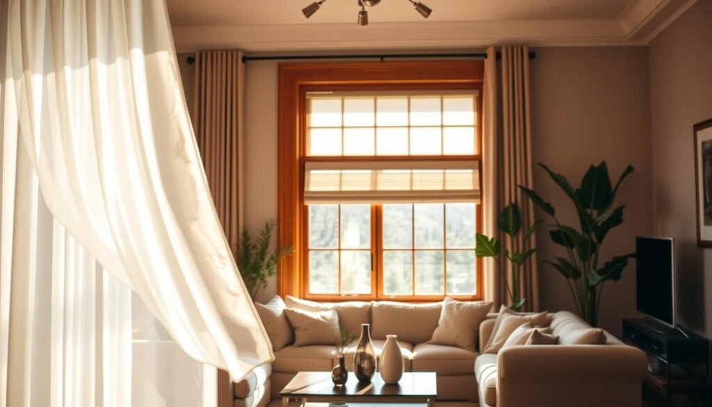 A cozy living room with elegant window treatments that balance privacy and light. In the foreground, sheer white curtains flutter softly in a gentle breeze, allowing warm sunlight to filter through. The middle layer features a stylish wooden window frame adorned with light-filtering shades that complement the room's earthy tones. In the background, a tastefully decorated room showcases a plush sofa, a coffee table with decorative vases, and indoor plants, all bathed in bright, natural light. The atmosphere is inviting and airy, conveying warmth and tranquility. The scene is captured from a slightly elevated angle, enhancing the sense of space and brightness, with soft shadows creating a serene ambiance.