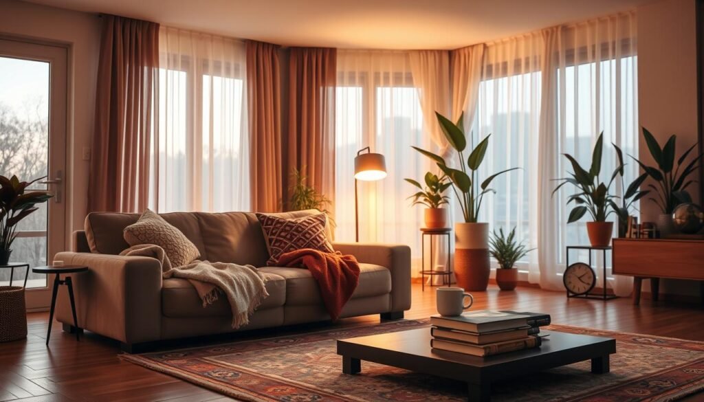 A cozy living room with warm, inviting lighting reflects a relaxed ambiance. In the foreground, a plush, oversized sofa adorned with soft blankets and decorative pillows invites comfort. A low coffee table holds a steaming mug and a stack of books, enhancing the homely feel. In the middle, a stylish floor lamp softly illuminates the space, casting a warm glow; nearby, a tasteful area rug adds texture underfoot. The background features large windows draped with sheer curtains, allowing soft sunlight to filter in, creating a play of light and shadow. Houseplants in stylish pots accentuate the space, bringing a touch of greenery. The overall atmosphere is serene and welcoming, perfect for unwinding in a beautifully decorated living room.