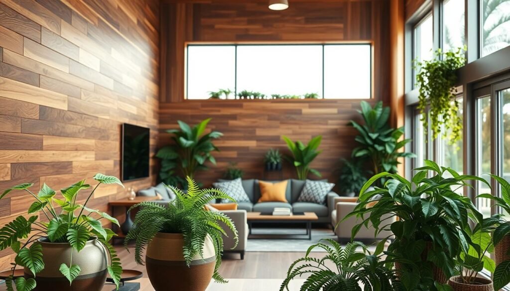 A cozy living space featuring a stunning wood accent wall, richly textured with warm tones of walnut and oak. In the foreground, lush green plants in stylish ceramic pots add life, including ferns and pothos cascading down. The middle ground showcases a comfortable, inviting seating area with minimalistic furniture, bathed in soft, natural sunlight filtering through large windows. In the background, splashes of indoor greenery enhance the warm ambiance, creating a fusion of wood and nature. The lighting is bright yet gentle, casting soft shadows and highlighting the natural grain of the wood. Capture the inviting atmosphere that emanates warmth and tranquility, ideal for a serene home environment with an airy and well-lit feel.