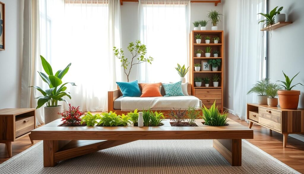A cozy living space featuring multifunctional wooden furniture seamlessly integrated with lush greenery. In the foreground, a stylish wooden coffee table with built-in planters, displaying vibrant plants, sits atop a neutral textured rug. In the middle, a sleek, multifunctional sofa that converts into a bed, adorned with colorful cushions, complements the table. A tall bookshelf with wooden shelves holds decorative pots housing various indoor plants. In the background, large windows allow bright, soft sunlight to filter through sheer curtains, creating an airy atmosphere. The lighting captures the warmth of wood tones and the freshness of the greenery, inviting a sense of tranquility and balance in this small, thoughtfully designed room.