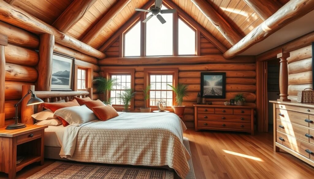 A cozy log home bedroom featuring high, exposed wooden beams and natural log walls, accentuated by warm earth tones. In the foreground, a plush, inviting king-size bed is adorned with textured linens and assorted soft throw pillows in shades of cream and rust. A rustic wooden nightstand holds a small reading lamp casting a soft, warm glow. In the middle, a woven area rug rests over hardwood floors, while a large window allows bright natural light to fill the room, enhancing the airy atmosphere. In the background, potted plants add a touch of greenery, and a beautifully crafted wooden dresser showcases natural wood grain. The overall mood is serene and welcoming, perfect for relaxation and comfort.