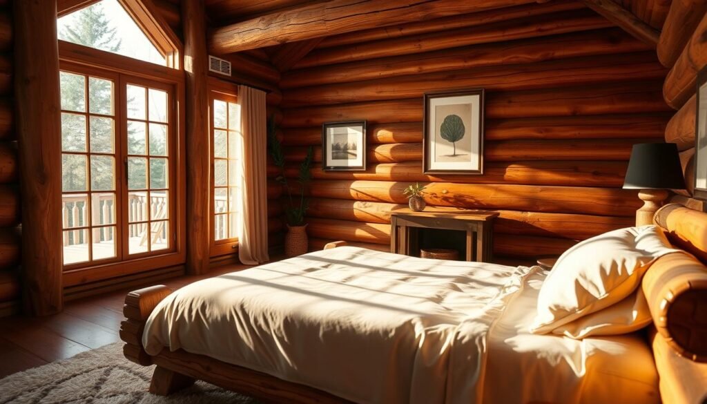 A cozy log home interior with rich wooden accents creating a tranquil bedroom atmosphere. In the foreground, a beautifully crafted log bed with soft, neutral bedding invites relaxation. The middle ground features warm wooden walls adorned with tasteful artwork and a small wooden nightstand with a plant, enhancing the rustic charm. A plush rug lays beneath, adding comfort. In the background, large windows allow soft, natural sunlight to filter in, casting gentle shadows and highlighting the textures of the wood. The scene is airy and well-lit, evoking a sense of calm and serenity. The overall mood is peaceful, perfect for restful sleep, with an emphasis on incorporating wood in unexpected yet inviting ways.