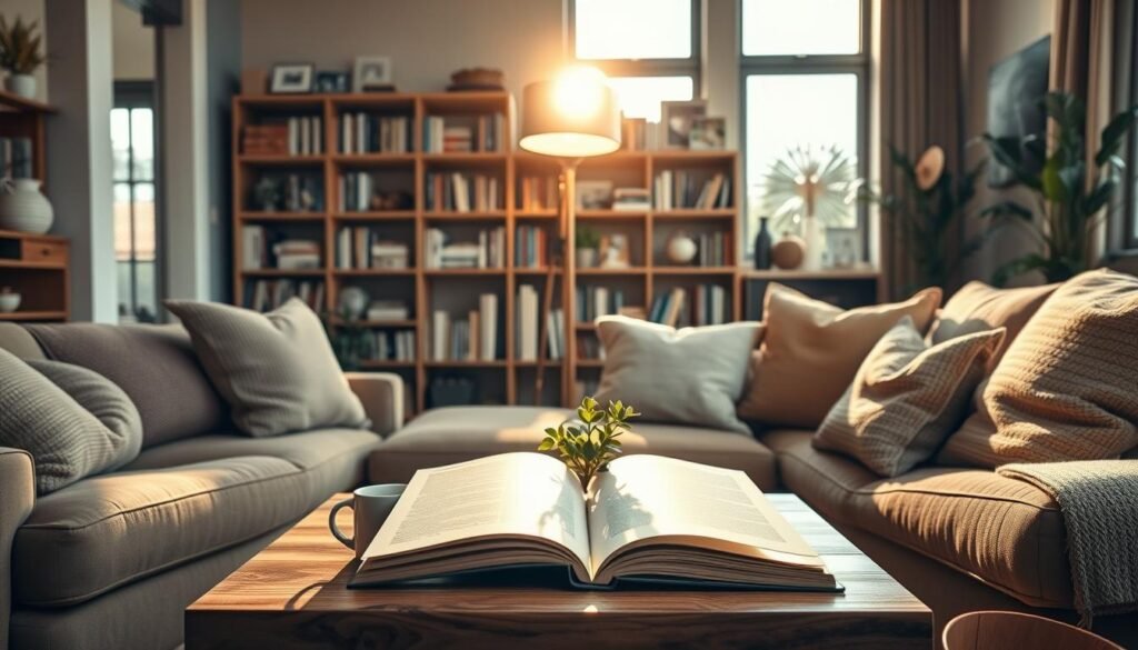 A cozy lounge room designed to reflect personal hobbies and daily habits, featuring a comfortable sectional sofa with soft, textured cushions in inviting earth tones. A wooden coffee table displays an open book and a steaming mug, suggesting leisure and relaxation. In the foreground, a small potted plant adds a touch of greenery. The middle of the room includes a stylish floor lamp casting warm, soft sunlight that bathes the space in a golden hue. A bookshelf filled with neatly arranged books, photos, and decorative items hints at a passion for reading and creativity. In the background, large windows invite bright natural light, illuminating the airy atmosphere. The overall mood is tranquil and welcoming, inviting the viewer to envision themselves enjoying this intimate space. A cozy lounge room designed to reflect personal hobbies and daily habits, featuring a comfortable sectional sofa with soft, textured cushions in inviting earth tones. A wooden coffee table displays an open book and a steaming mug, suggesting leisure and relaxation. In the foreground, a small potted plant adds a touch of greenery. The middle of the room includes a stylish floor lamp casting warm, soft sunlight that bathes the space in a golden hue. A bookshelf filled with neatly arranged books, photos, and decorative items hints at a passion for reading and creativity. In the background, large windows invite bright natural light, illuminating the airy atmosphere. The overall mood is tranquil and welcoming, inviting the viewer to envision themselves enjoying this intimate space.