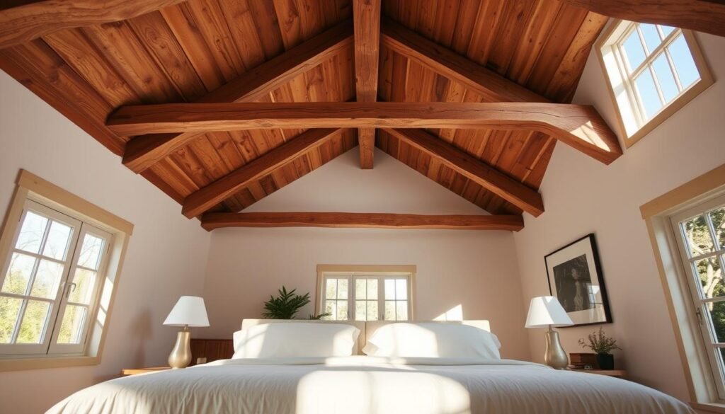 A cozy master bedroom featuring exposed wooden ceiling beams that create a rustic yet elegant atmosphere. The foreground includes a plush, neatly made bed with soft, neutral-colored linens, flanked by minimalistic bedside tables. In the middle ground, the prominent wooden beams stretch across the ceiling, showcasing varying textures and rich, warm tones of the wood. The background reveals large windows allowing bright natural light to flood the space, casting gentle shadows and enhancing the airy feel of the room. Soft sunlight filters in, illuminating the subtle decor elements such as potted plants and tasteful artwork. The overall mood is serene and inviting, perfect for a restful retreat, captured from a slightly elevated angle to emphasize the architectural details.