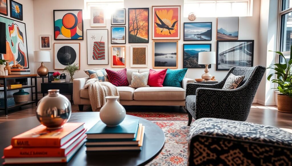A cozy, modern living room filled with contrasting visual elements, illustrating the concept of visual stimulation. In the foreground, a stylish coffee table adorned with colorful books, a sleek decor vase, and a soft textured throw. The middle ground features a plush sofa with vibrant cushions, accompanied by an intricately designed armchair, all arranged on a beautifully patterned rug. The background displays a gallery wall with an eclectic mix of artwork, from bold abstract pieces to serene landscape photos, illuminated by bright, natural light streaming through large windows. The atmosphere is lively yet balanced, capturing the essence of too much and too little visual stimulation in a harmonious space. Eventual lens focus emphasizes textures and light play, creating an inviting and engaging mood. A cozy, modern living room filled with contrasting visual elements, illustrating the concept of visual stimulation. In the foreground, a stylish coffee table adorned with colorful books, a sleek decor vase, and a soft textured throw. The middle ground features a plush sofa with vibrant cushions, accompanied by an intricately designed armchair, all arranged on a beautifully patterned rug. The background displays a gallery wall with an eclectic mix of artwork, from bold abstract pieces to serene landscape photos, illuminated by bright, natural light streaming through large windows. The atmosphere is lively yet balanced, capturing the essence of too much and too little visual stimulation in a harmonious space. Eventual lens focus emphasizes textures and light play, creating an inviting and engaging mood.
