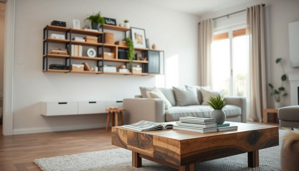 A cozy, modern living room showcasing innovative smart storage solutions. In the foreground, a stylish wooden coffee table made from reclaimed wood, topped with neatly organized magazines and a small potted plant. In the middle, a sleek shelving unit mounted on the wall, featuring a mix of decorative boxes, books, and personal items, all arranged for aesthetic appeal. The background reveals a bright window with soft sunlight flooding the room, highlighting the airy atmosphere. The space has neutral-colored walls and minimalistic furniture, conveying a sense of calm and organization. The overall mood is fresh and inviting, with natural lighting accentuating the textures of the wood and the greenery, creating an atmosphere of functionality and elegance.