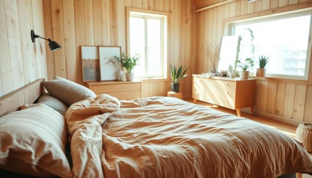 A cozy, natural wood bedroom design featuring a rustic wooden bed with soft, fluffy bedding. The foreground showcases a warm, inviting quilt and decorative pillows in earthy tones. In the middle ground, a stylish wooden dresser with simple, elegant decor items, surrounded by plants in natural pots. The background reveals a large window letting in bright, soft sunlight, illuminating the light wood walls and warm wooden flooring. The atmosphere is serene and peaceful, embodying the timeless appeal of natural materials. Use a soft focus lens effect to enhance the cozy mood, capturing the essence of a tranquil hideaway filled with earthy textures and inviting light. No people are present in the image to maintain a serene ambiance.