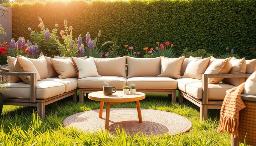 A cozy outdoor seating area designed for a backyard, featuring a plush, inviting sectional sofa with soft cushions in soothing earth tones. In the foreground, a small round wooden coffee table is adorned with a steaming mug and a few decorative succulents. In the middle, a lovely area rug adds texture beneath the seating, integrating the space harmoniously with the lush green grass around it. The background showcases an assortment of vibrant flowers and a neatly trimmed hedge, bathed in bright natural light reflecting off a soft, sunny sky. The scene is captured from a slightly elevated angle, providing an inviting perspective that conveys tranquility and relaxation, perfect for maximizing yard potential. A cozy outdoor seating area designed for a backyard, featuring a plush, inviting sectional sofa with soft cushions in soothing earth tones. In the foreground, a small round wooden coffee table is adorned with a steaming mug and a few decorative succulents. In the middle, a lovely area rug adds texture beneath the seating, integrating the space harmoniously with the lush green grass around it. The background showcases an assortment of vibrant flowers and a neatly trimmed hedge, bathed in bright natural light reflecting off a soft, sunny sky. The scene is captured from a slightly elevated angle, providing an inviting perspective that conveys tranquility and relaxation, perfect for maximizing yard potential.