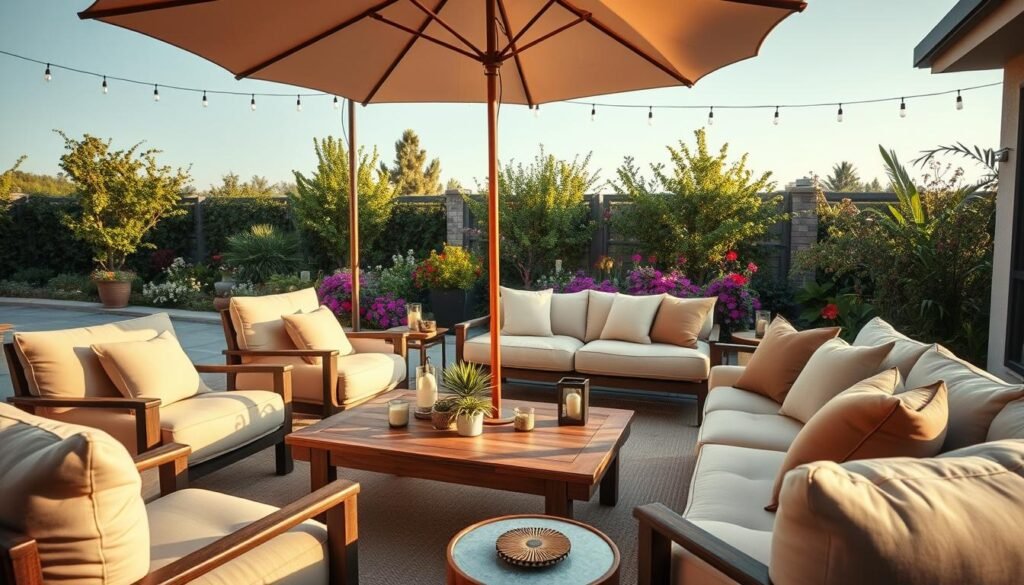 A cozy outdoor seating area designed for ultimate comfort, featuring plush, oversized armchairs and a spacious, inviting sectional sofa with soft, durable cushions. The foreground showcases a stylish wooden coffee table adorned with decorative items like candles and small potted plants. In the middle ground, a large, elegant parasol provides shade from the bright, natural light, while string lights gently illuminate the space as the sun sets. The background reveals a lush garden filled with vibrant flowers and greenery, creating a tranquil atmosphere. The scene is bathed in warm, soft sunlight, enhancing the inviting mood and highlighting the textures of the furniture. Capture this from a slightly elevated angle, focusing on the arrangement and comfort of the seating.