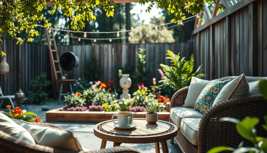 A cozy outdoor seating arrangement set in a tranquil backyard corner, featuring a stylish rattan sofa adorned with soft, colorful cushions. In the foreground, a round wooden coffee table holds a steaming coffee mug and a small potted plant. The middle ground showcases a lush garden with vibrant flowers and greenery, complemented by twinkling fairy lights draped overhead, creating a warm ambiance. In the background, a wooden fence and tall trees provide privacy, further enhancing the retreat's peaceful atmosphere. The scene is bathed in soft, natural sunlight that filters through the leaves, casting gentle shadows, evoking a serene and inviting mood. The shot is taken from a slightly elevated angle to capture the layout, ensuring clarity and focus on the cozy seating area.