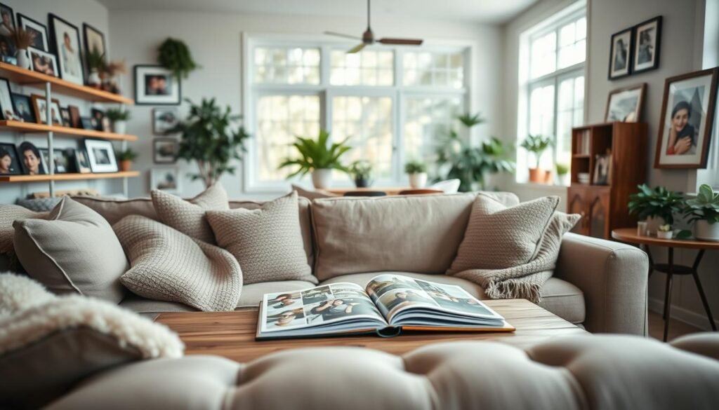 A cozy personalized living room filled with family photos displayed on shelves and walls, showcasing a warm, inviting atmosphere. The foreground features a comfortable, stylish sofa adorned with soft cushions and a plush throw blanket. In the middle, a wooden coffee table sits with a couple of family albums open, inviting viewers to reminisce. The background shows a well-lit, airy space with large windows allowing soft, natural sunlight to stream in, casting gentle shadows. The decor includes potted plants and artwork that reflects the family's personality and interests. The overall mood is welcoming and nostalgic, perfect for evoking the feeling of home and connection. A cozy personalized living room filled with family photos displayed on shelves and walls, showcasing a warm, inviting atmosphere. The foreground features a comfortable, stylish sofa adorned with soft cushions and a plush throw blanket. In the middle, a wooden coffee table sits with a couple of family albums open, inviting viewers to reminisce. The background shows a well-lit, airy space with large windows allowing soft, natural sunlight to stream in, casting gentle shadows. The decor includes potted plants and artwork that reflects the family's personality and interests. The overall mood is welcoming and nostalgic, perfect for evoking the feeling of home and connection.
