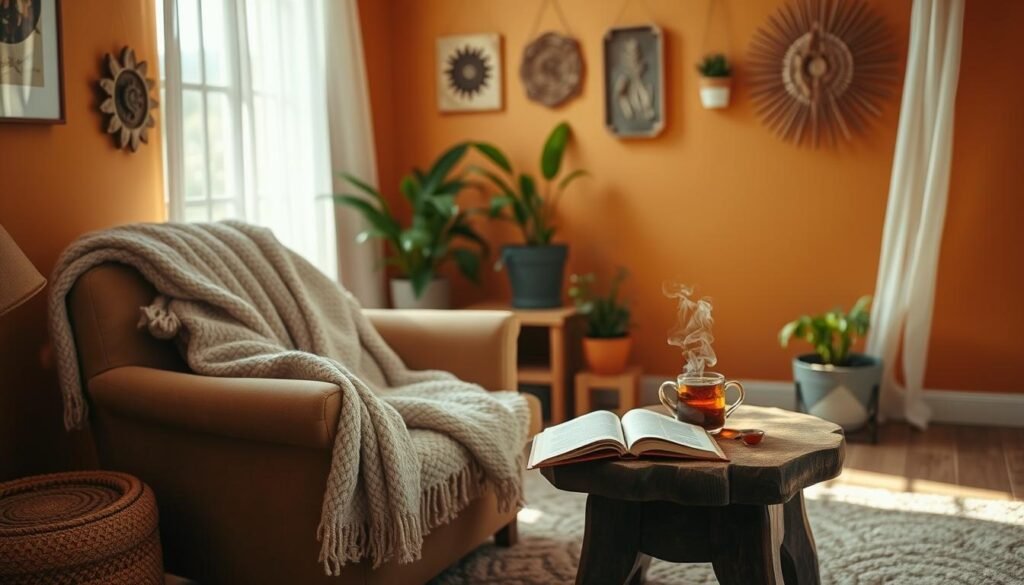 A cozy room interior featuring a comfortable reading nook, with a plush armchair draped in a soft woolen throw, positioned next to a rustic wooden side table adorned with a steaming cup of herbal tea and an open book. In the middle ground, warm-toned walls are decorated with handmade wall art and potted plants, adding natural elements and a touch of greenery. The background reveals a window with sheer curtains that gently diffuse bright natural light, illuminating the space with airy sunlight. The floor is covered in a soft, patterned area rug that complements the overall color scheme. The atmosphere exudes warmth and tranquility, perfect for relaxation and reflection. The scene is captured from a slightly elevated angle to provide depth.