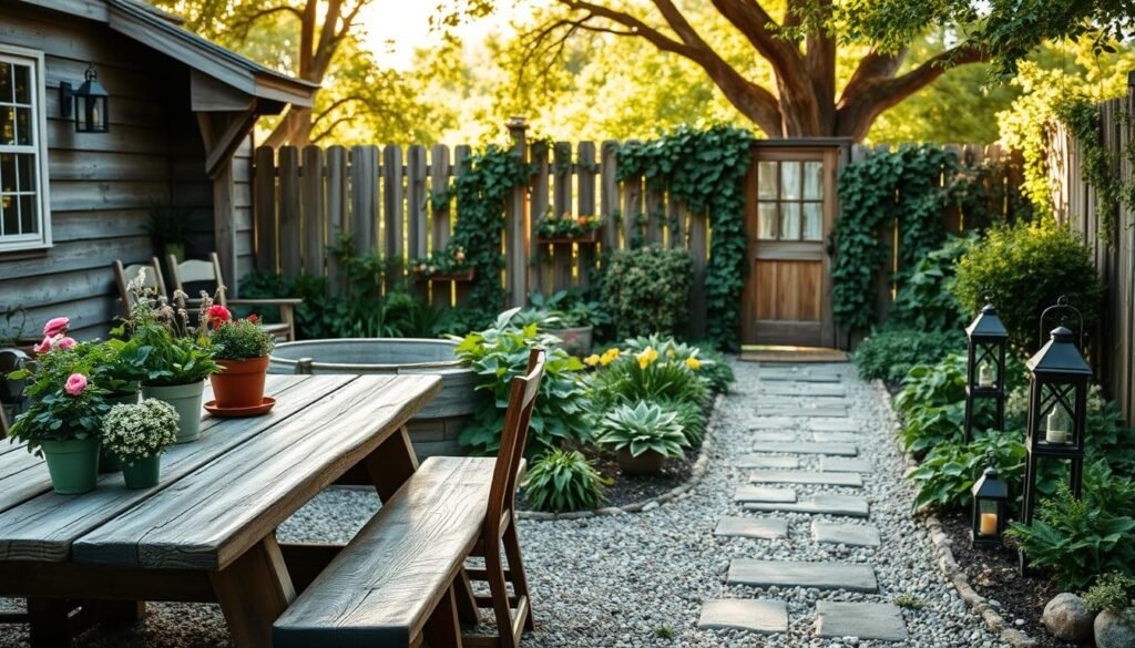 A cozy rustic backyard scene showcasing various yard decor landscaping ideas. In the foreground, a weathered wooden picnic table adorned with potted herbs and colorful flowers, surrounded by mismatched wooden chairs. The middle ground features a charming pathway made of stone and gravel, lined with lush greenery and rustic lanterns. An old wooden fence in the background, draped with climbing vines, adds to the farm-style ambiance. Soft sunlight filters through the trees, creating a warm and inviting atmosphere. The angle captures the entire space, emphasizing the integration of natural elements and inviting furniture to create a comfortable outdoor living area. The overall mood is serene and welcoming, perfect for enjoying nature and relaxation.