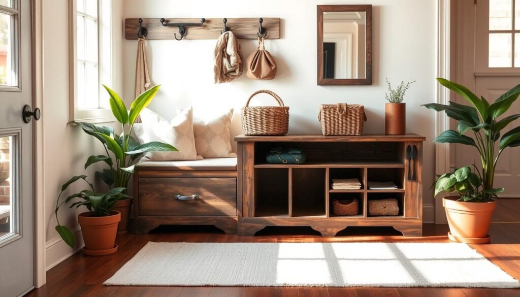 A cozy rustic entryway featuring stylish storage solutions, including a reclaimed wood bench with built-in cubbies. The bench is adorned with soft, patterned cushions and topped with a woven basket for extra storage. On the wall behind, there are vintage hooks for hanging coats and bags, and a mirror framed with distressed wood. The setting is bathed in soft, natural sunlight filtering through a nearby window, creating a warm and inviting atmosphere. The floor is polished hardwood, complemented by a subtle area rug that adds texture. Lush green plants in terracotta pots are placed in the corners, enhancing the airy feel of the space. The image is captured from a slightly elevated angle, showcasing both the storage solutions and the surrounding ambiance.