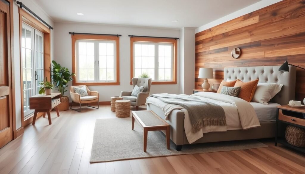 A cozy rustic modern bedroom featuring a warm wood-paneled accent wall, a plush upholstered bed with neutral bedding, and a handwoven throw blanket. In the foreground, a wooden bedside table holds a charming vintage lamp and a small potted plant. The middle layer showcases an inviting armchair with a patterned cushion, and a woven basket for storage. In the background, large windows let in soft, natural light, illuminating the room with an airy feel. Light-colored wooden flooring adds warmth to the space, complemented by a soft area rug. The atmosphere is tranquil and inviting, perfect for relaxation, capturing the essence of farmhouse elegance blended with modern simplicity. A cozy rustic modern bedroom featuring a warm wood-paneled accent wall, a plush upholstered bed with neutral bedding, and a handwoven throw blanket. In the foreground, a wooden bedside table holds a charming vintage lamp and a small potted plant. The middle layer showcases an inviting armchair with a patterned cushion, and a woven basket for storage. In the background, large windows let in soft, natural light, illuminating the room with an airy feel. Light-colored wooden flooring adds warmth to the space, complemented by a soft area rug. The atmosphere is tranquil and inviting, perfect for relaxation, capturing the essence of farmhouse elegance blended with modern simplicity.