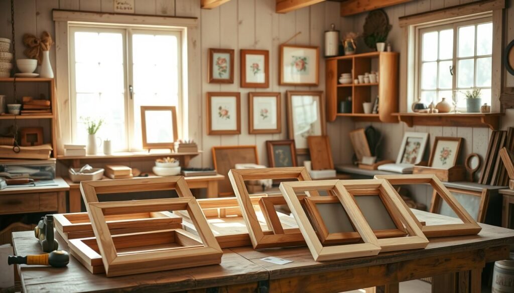A cozy, rustic workspace showcasing various DIY wooden picture frames in a charming farmhouse setting. In the foreground, several unfinished wooden frames are arranged on a weathered workbench, with tools like a saw and measuring tape nearby. In the middle ground, a few completed frames hang on the wall, adorned with simple floral prints. The background features soft shelves filled with craft supplies and decorations, all bathed in warm, bright natural light filtering through large windows. The atmosphere is inviting and serene, with soft sunlight highlighting the grain of the wood and casting gentle shadows, creating a relaxing environment perfect for a productive weekend project.